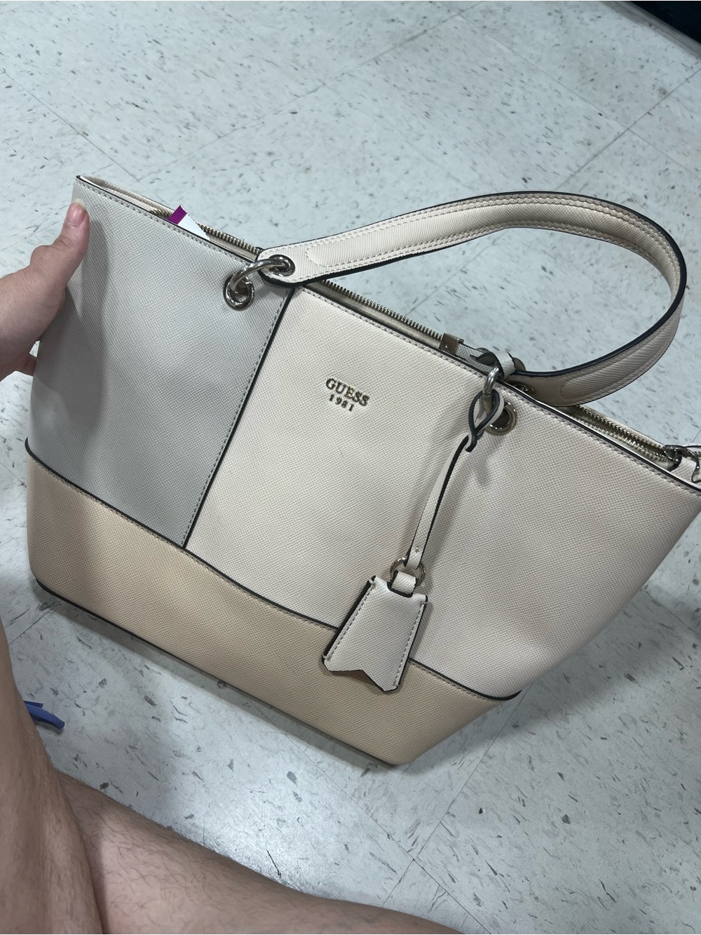GUESS Cream Colorblock Panel Tote with Gold Logo